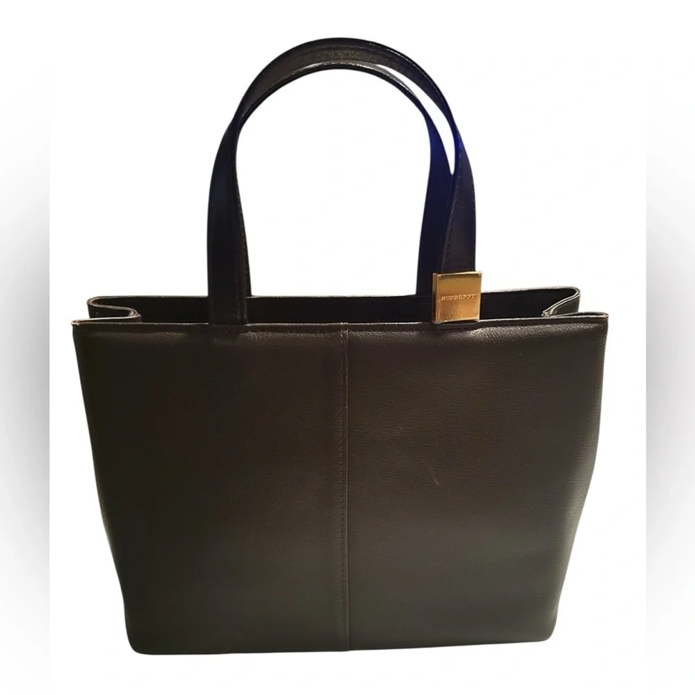 Burberry Brown Leather Tote Bag with Burberry Scarf and perfume.